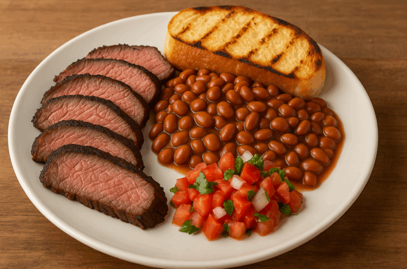 Plate with santa maria tri tip sides like pinquito beans