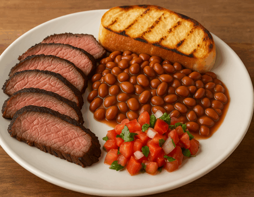 Plate with santa maria tri tip sides like pinquito beans